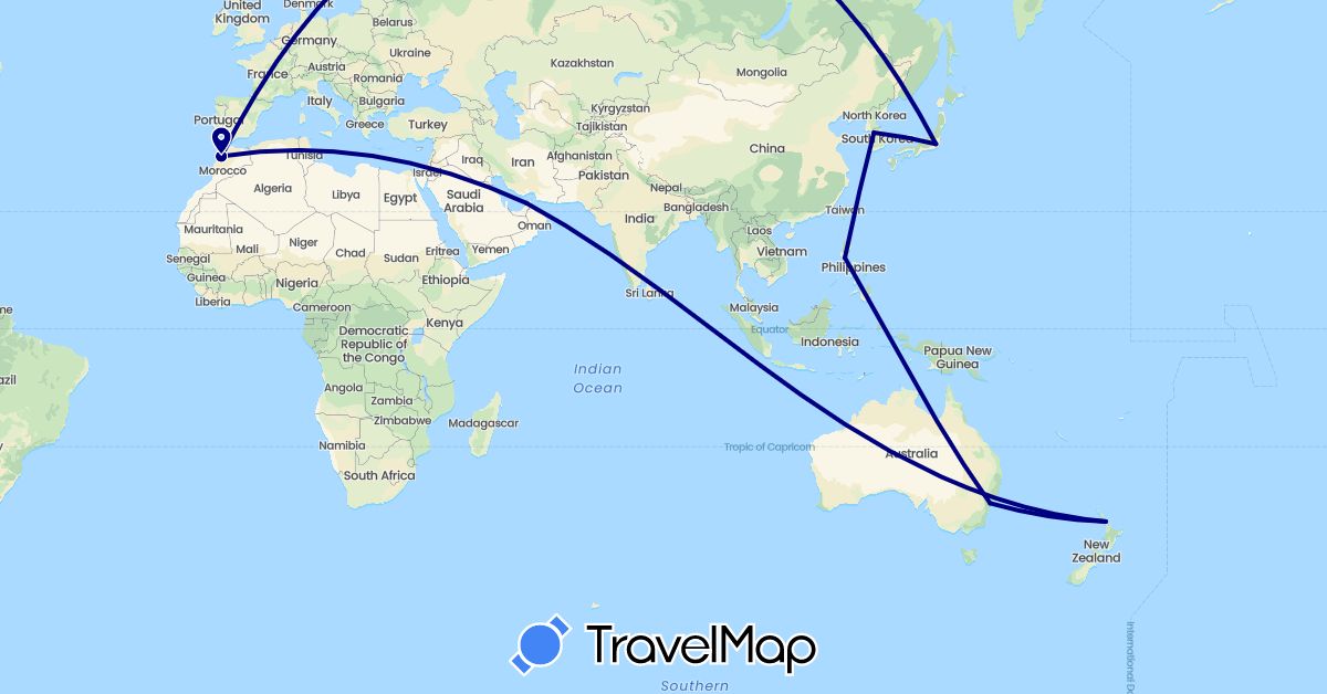 TravelMap itinerary: driving in United Arab Emirates, Australia, Japan, South Korea, Morocco, New Zealand, Philippines (Africa, Asia, Oceania)